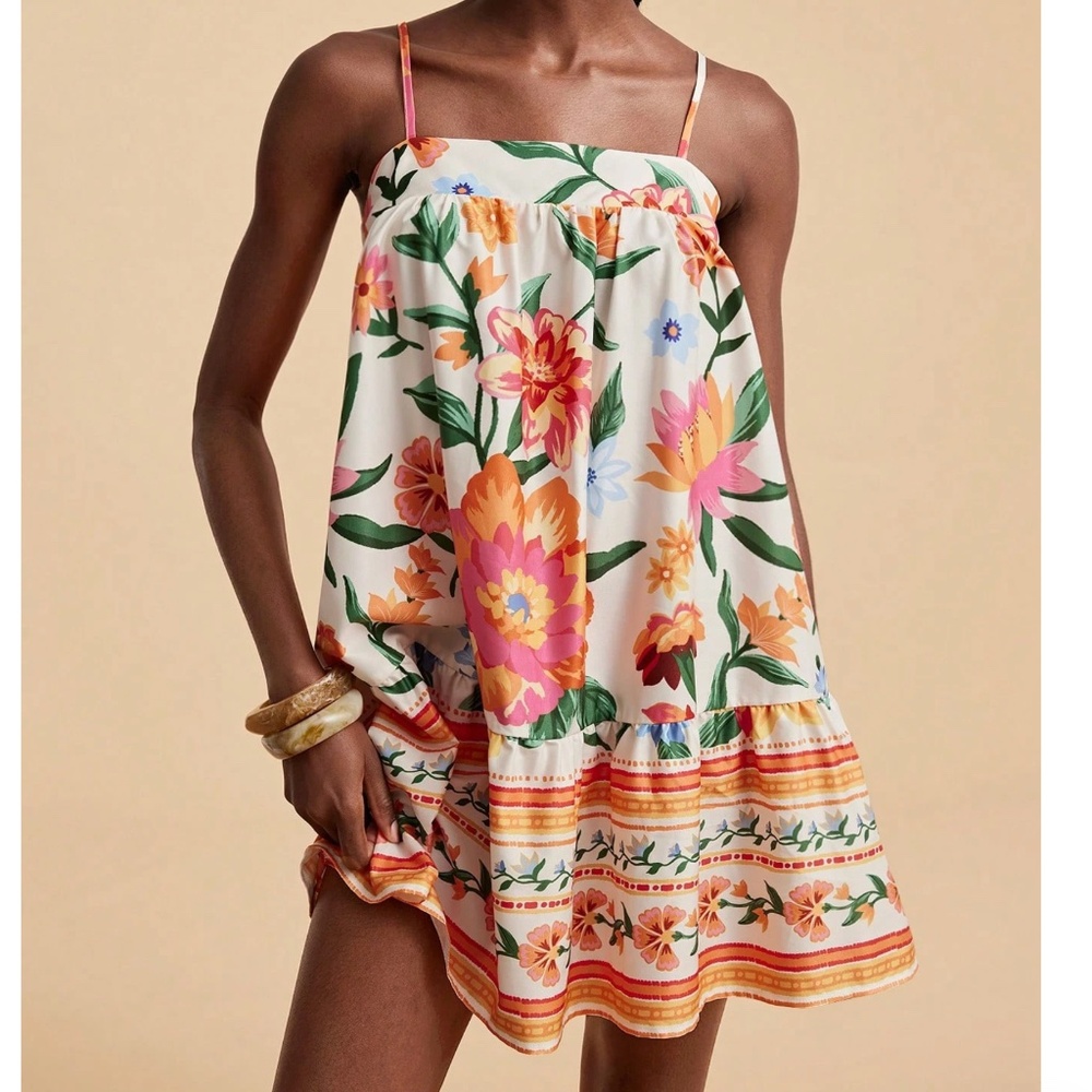 Boho Floral Print ruffle Hem Cami Mini Dress - Picture 4 of 5